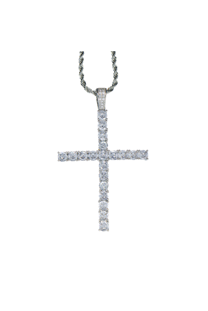 Pendentif croix mince argenté serti de diamants